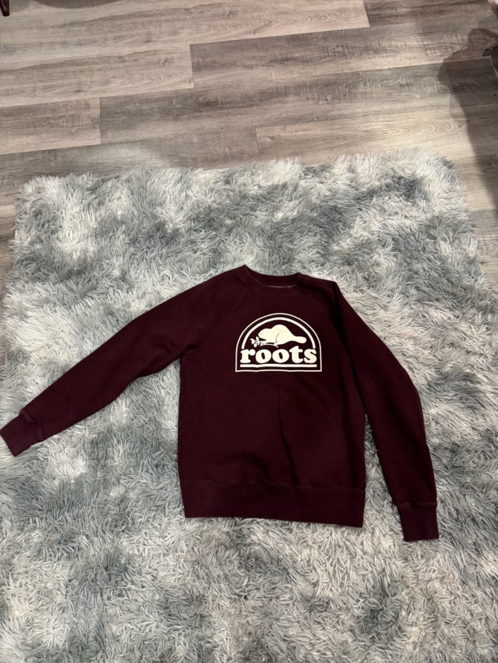 Roots Men's Burgundy Crewneck Sweatshirt with White Logo